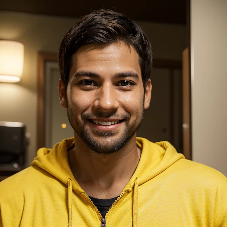 Generate a realistic digital half body portrait of smiling boy in his early thirties wearing a stylish yellow hoodie. He shows his finger on his left side He has a clear, smooth complexion with subtle lighting on his face, shrp nose highlighting his neatly trimmed dark black beard. The man's facial features include a square jawline and deep brown eyes radiating warmth and charisma."