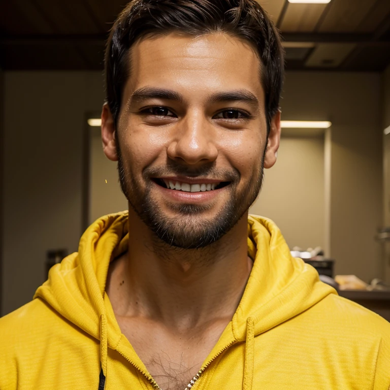 Generate a realistic digital half body portrait of smiling boy in his early thirties wearing a stylish yellow hoodie. He shows his finger on his left side He has a clear, smooth complexion with subtle lighting on his face, shrp nose highlighting his neatly trimmed dark black beard. The man's facial features include a square jawline and deep brown eyes radiating warmth and charisma."