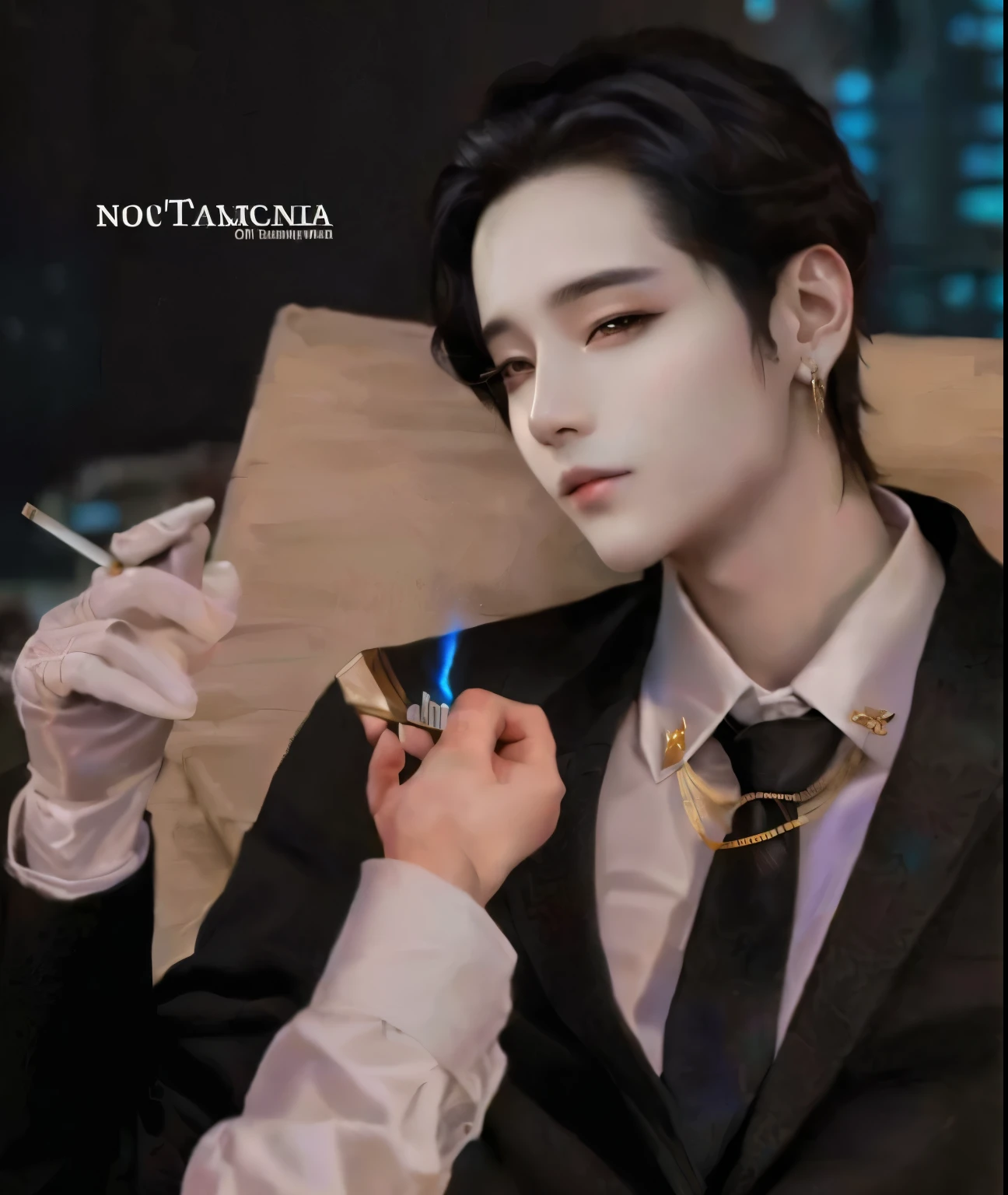 hay un hombre de traje fumando un cigarrillo y sosteniendo un cigarrillo, arte oficiale de fan, album art, arte oficialwork, taehyung , high quality arte de fan, arte de fan&quot;, album, Fanart oficial, arte de fan, todos del grupo nct, hyung tae, delicate androgynous prince, cai xukun, beautiful androgynous prince, face Korean 