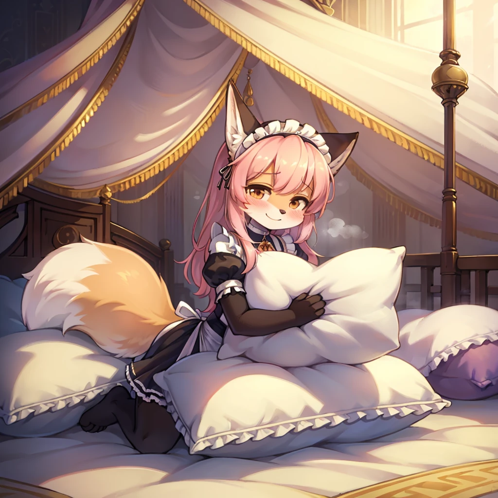 （masterpiece，best quality），my own, The Beast, , (Light and shadow suitable for any pillow background））, 穿着Maid costume的可爱女孩在枕头上摆姿势, Maid costume，White，Nature,, (blush),a smile，Pillow Head,（Lots of pillows），Soft cushion，（canopy bed），Soft pillow quotation，（Pillow damage），Lots of pillows，（Crotch rubbing），（（Pillow Hump）），（Pillow Head），（A tail），，（Pink pillow），（Love around the protagonist），Steam，（Pillow Head），（），（Luxury pillows），（Palace pillow pattern pillow），（palace），（Palace bedroom），（Gorgeous pattern pillow），Soft pillows，，（Classical European style bedroom ），（excited，shy person，Lack of expressiveness，），，pillow humping,averi，fox girl