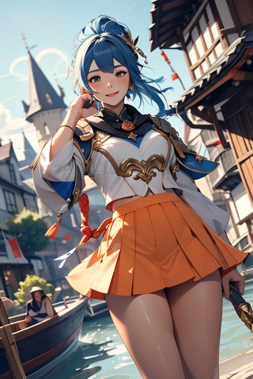 1girl,jean \(genshin impact\),genshin impact,

portrait,  dutch angle,full body
Orange uniform with light blue miniskirt,white nunchaku in the hand,

medieval castle, village,river, boat
lens flare,diffraction spikes, vapor,
blurry background,  depth of field,
medium  breasts,
smile,
perfect hand,, (masterpiece:1.2),(best quality:1.2), (absurdres:1.2), (detailed background),newest, ai-generated,