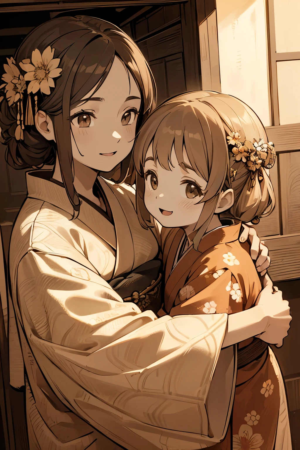 (8K, best quality, master piece: 1.2), super high resolution,ultra-detailed face,detailed eyes,A sepia-toned photograph shows a 30 year old mother and 3 year old daughter,Flower pattern kimono,happy,shrine