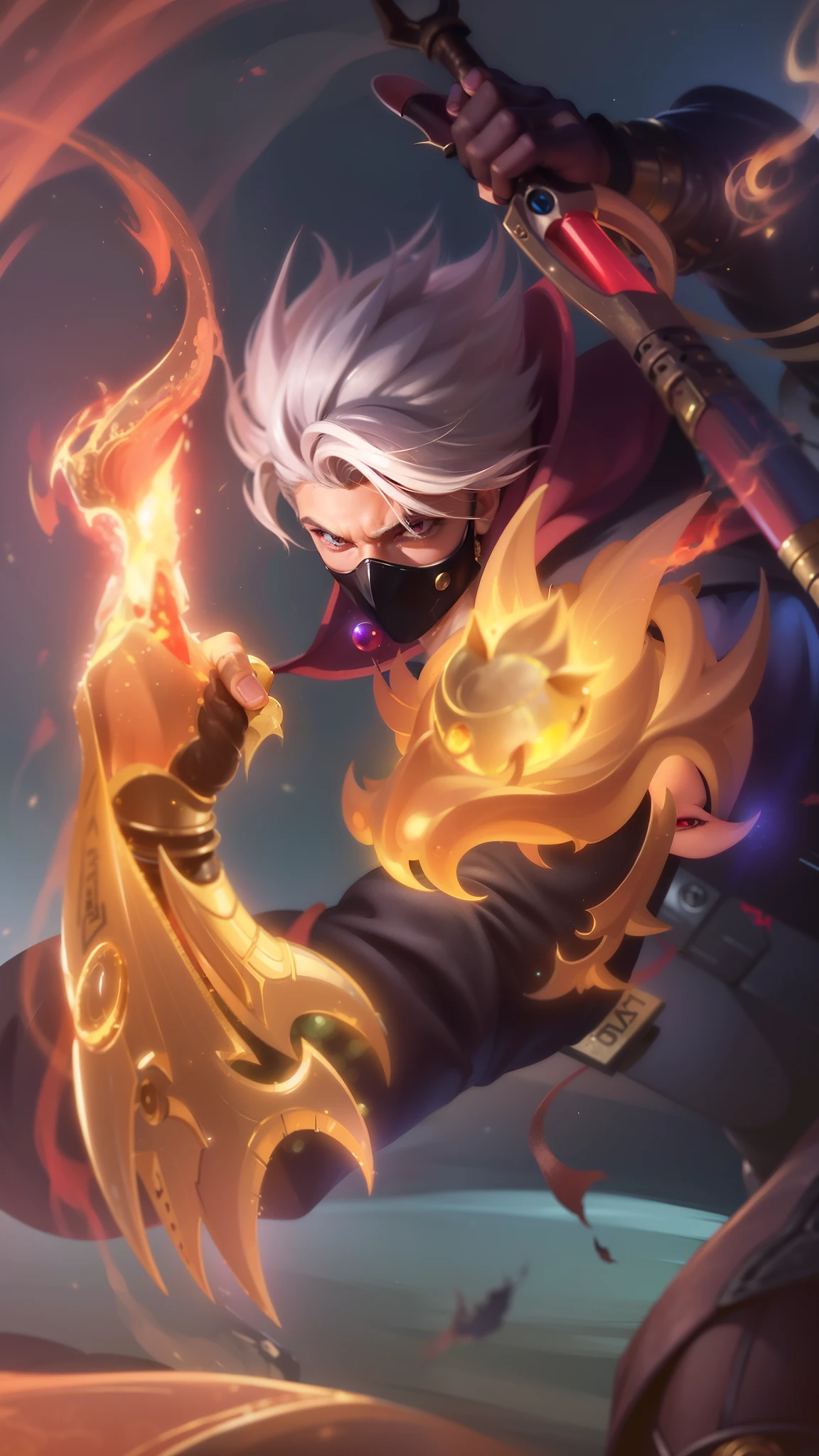 a close up of a boy holding a fire ball in their hand, boy with a steampunk mask on, holding a fire in a fire, velvet background, realistic suit, ezreal (league of legends, realism art, mobile legends, riot game, style league of legends, inspired by Li Shida, fighting game character, tracer, league of legends character, gold paladin, wukong, wild rift, glow particle, white hair color, realistic suit masterpiece, sword, realistic sword, realism masterpiece, natural lighting, strong realistic texture, red eye glow, lots hair