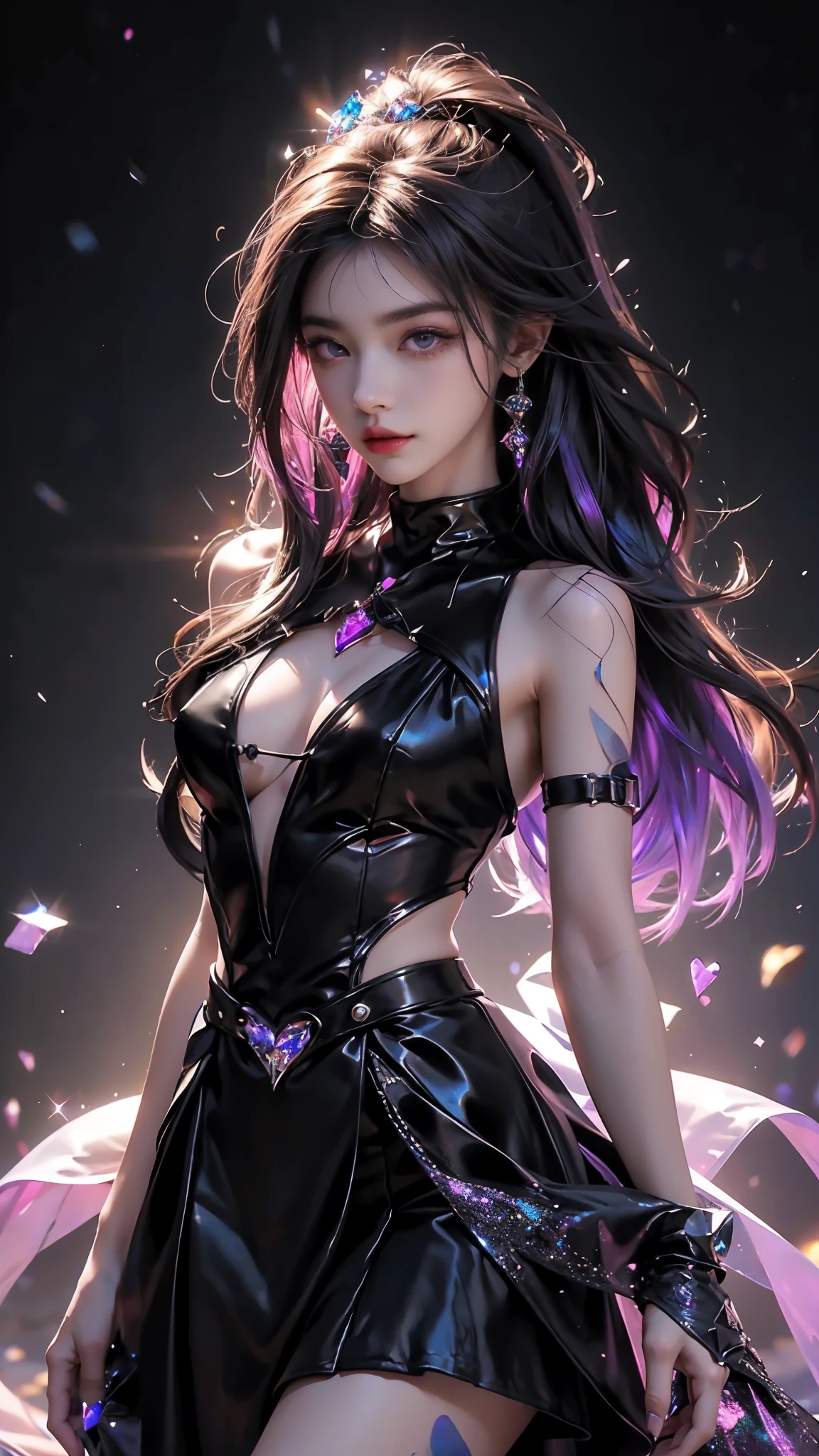 4K, UHD, masterpiece, Best quality, 1 girl, detailed face, detailed eyes, realistic Eyelid, Kda, Alone, very Long hair, small breasts, ((black dress)), ankle-length skirt, looking at viewert, Multicolored glowing crystals, heart sparkle, glowing sparkle, bloom, ray tracing, god rays, HDR, DSLR,