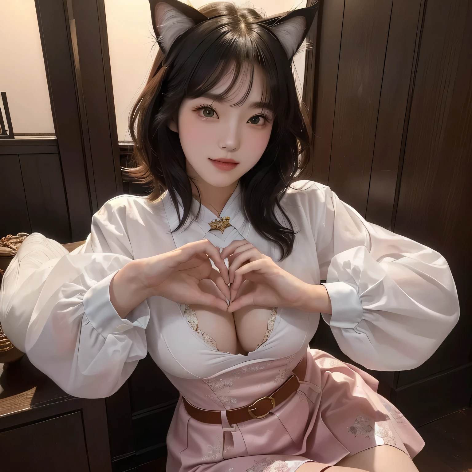 {{{masterpiece}}}, (masterpiece, best quality),1 cat girl,heart shaped hands, Hands making a heart shape with fingers, {Very delicate and beautiful}, (alone:1.5), (highest quality:1.2), (Ultra-high resolution, Realistic, RAW Photos:1.4), Cool Cowgirl, blouse, Decorated hooded armor jacket, Cross Belt, mini skirt, Red Leather Long Boots, Absurd, RAW Photos, Very delicate and beautiful, masterpiece, highest quality, Ultra-high resolution, 32k, Surreal, Super detailed, Detailed Description, 20-year-old, Short Medium Hair, Wavy Hair, Full Body Shot,8k, Cinema Lighting, Beautiful lighting, professional、8K, The best masterpiece, thank you pose, Put your hands together in front of your chest in prayer pose, Pose for a request, A cat girl wearing an attractive white blouse, Very beautiful cute cat girl, Beautiful young cat girl, Real life anime cat girl, Beautiful Asian Cat Girl, Japanese Model, Realistic young gravure idol, Beautiful Japanese girl face, Beautiful Korean Women, Cat-eared girl, Beautiful young Korean woman, Realistic cat ears, Short Hair, smile, Roundhouse kick, Fighting Style,