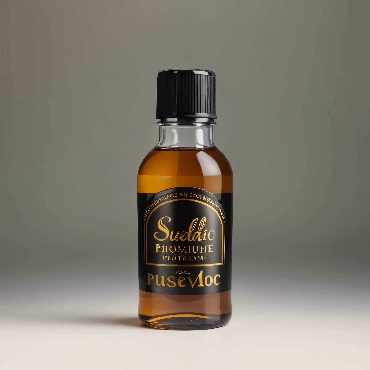 photorealistic product photography, studio lighting, showcasing Premium bottle, black plastic lid, masterpiece, best quality, minimalist. 