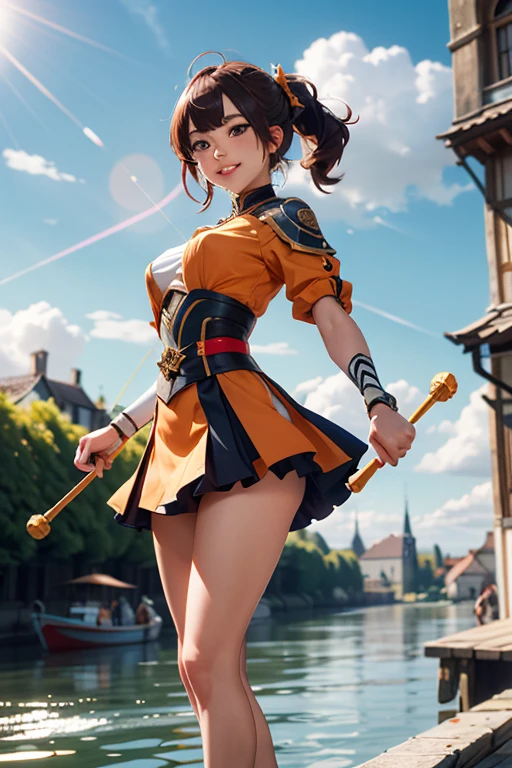 1girl,jean \(genshin impact\),genshin impact,

portrait,  dutch angle,full body
Orange uniform with light blue miniskirt,white nunchaku in the hand,

medieval castle, village,river, boat
lens flare,diffraction spikes, vapor,
blurry background,  depth of field,
medium  breasts,
smile,
perfect hand,, (masterpiece:1.2),(best quality:1.2), (absurdres:1.2), (detailed background),newest, ai-generated,