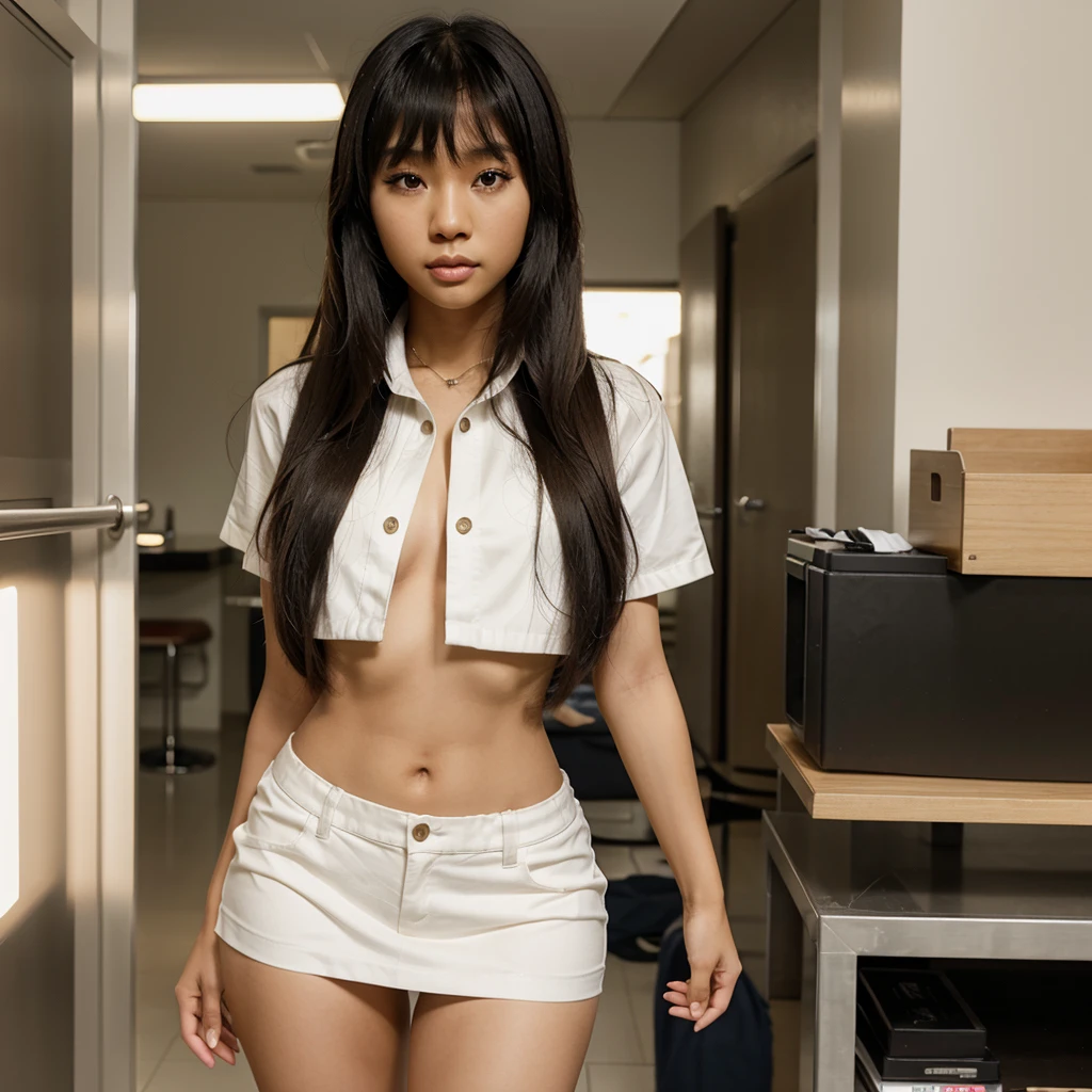 Blasian chick with long hair and bangs, bust body, kpop idols, sexy