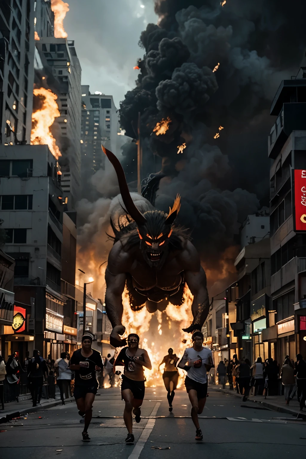 a evil demon on the 80s china street、people scream