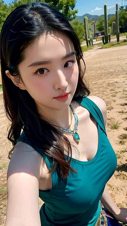 Selfie from above Beautiful Korean woman, Bust size 34 inches, Wear sleeveless shirts., necklace, In the village, Cactus in the background, UHD 