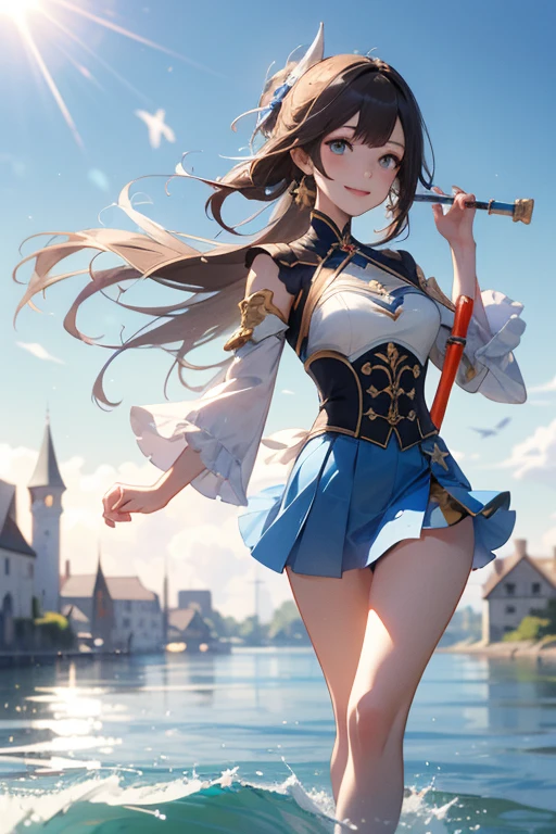 1girl,jean \(genshin impact\),genshin impact,
portrait, dutch angle,full body
Orange uniform with light blue miniskirt,white nunchaku in the hand,
medieval castle, village,river, boat
lens flare,diffraction spikes, vapor,
blurry background, depth of field,
medium breasts,
smile,
perfect hand,, (masterpiece:1.2),(best quality:1.2), (absurdres:1.2), (detailed background),newest, ai-generated,