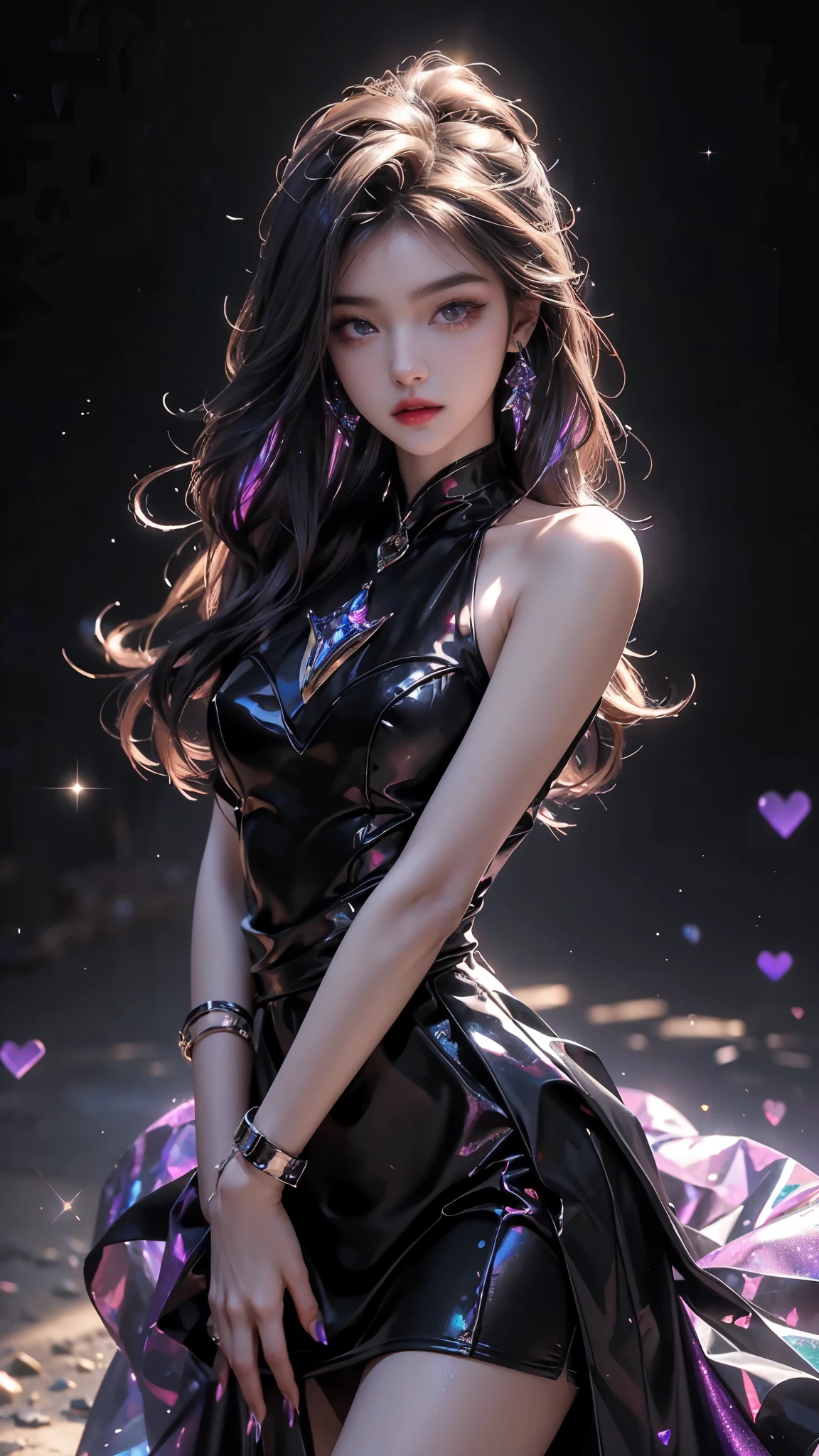 4K, UHD, masterpiece, Best quality, 1 girl, detailed face, detailed eyes, realistic Eyelid, Kda, Alone, very Long hair, small breasts, ((black dress)), ankle-length skirt, looking at viewert, Multicolored glowing crystals, heart sparkle, glowing sparkle, bloom, ray tracing, god rays, HDR, DSLR,