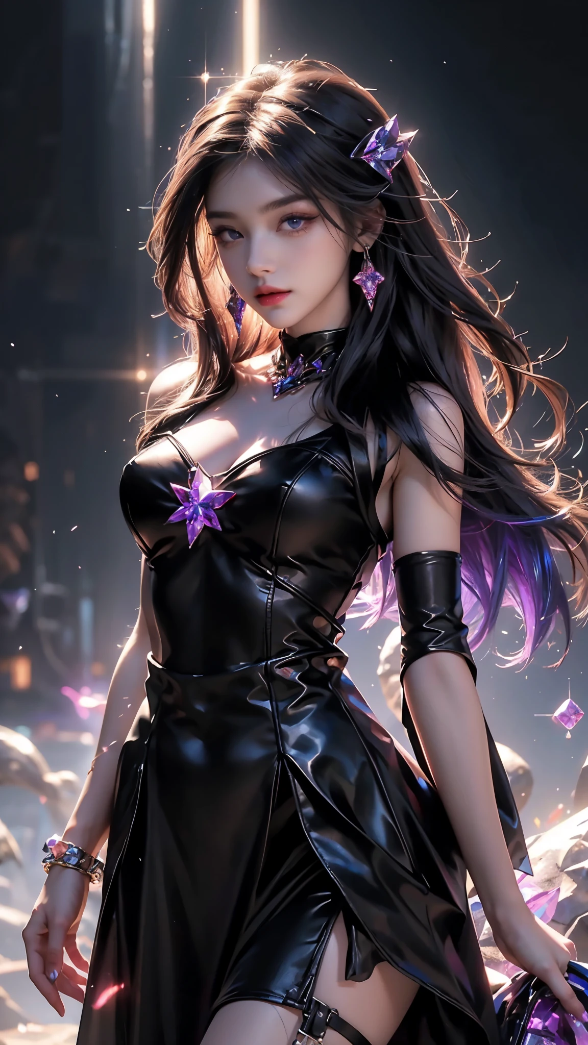 high res,masterpiece,best quality,extremely detailed , ultra-detailed, long silky smooth hair , heroine , wearing a purple suit , wearing a shiny satin silver cape , cinematic , aesthetic, small covered chest  Realistic lighting, delicate face, Body perfect anatomy,Top Quality, 8K Resolution, High quality , light brownish skin