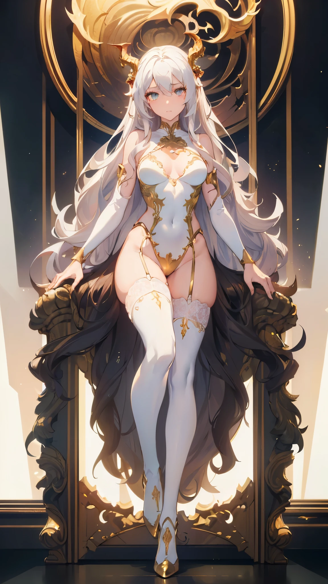 ((masterpiece, best quality)), Detailed face，Dragon Girl，Full body painting，Perfect body proportions，Long legs，((Long wavy hair)), ((Half of her hair is white，The other half is golden，Divided into two colors))，beautiful eyes，Fantasy style，White background，extremely beautiful，Dragon Rider，rose，transparent，Sex bikini，Lace，Garter stockings，exposed