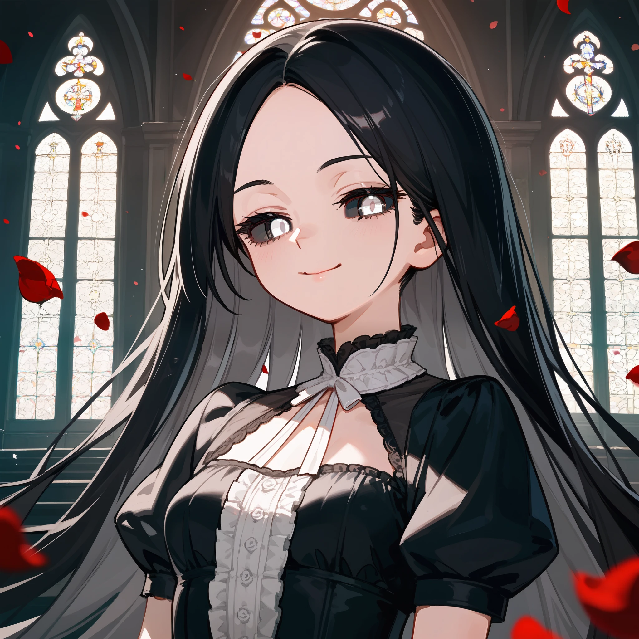 masterpiece, score_9, score_8_up, score_7_up, front, 1girl, solo, black hair, long hair, parted bangs, white eyes, black sclera, narrowed eyes, innexpressive, small breasts, upper body, victorian fashion, black dress, frilled dress, short sleeves, closed mouth, small smile, white rose petals, church background, best quality
