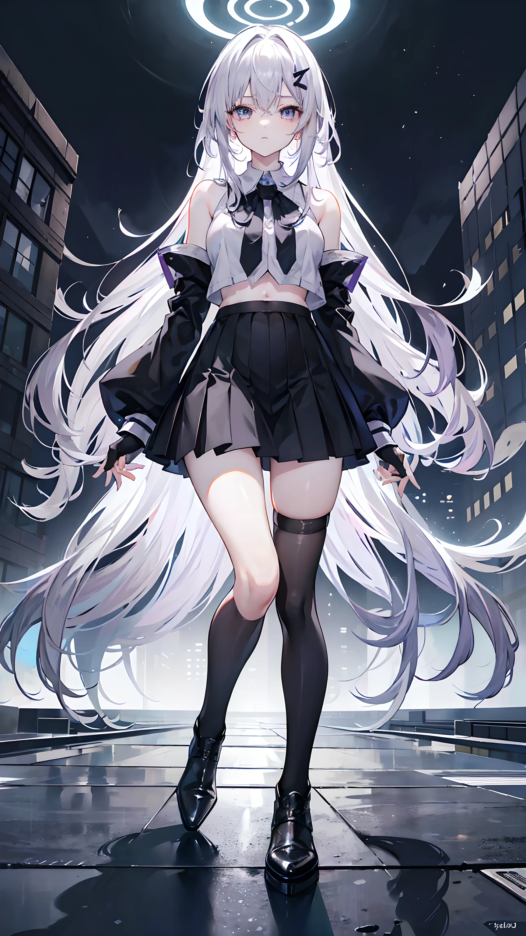 Lilac gradient hair,Asymmetrical hair,((Hair is very thick 1.8,Clear head outline 1.6)), Hair over the shoulders, Messy hair, Very long hair, Shiny hair,(Long gray hair:1.2),A beautiful girl,(school uniform, Short skirt,Navel,Bare shoulders)(Separate sleeves,Wide sleeves),(Fingerless gloves),(Transparent clothes transparent 1.8),Perfect body,Slender thighs,Slender,(Looks sad,Looks haggard ,Grief,shut your mouth:1.2) ()With the dark night campus rooftop as the background),(Put your hands behind you),(round,Room, Firm breasts),Black leg ring,Knee-high socks,Black boots,float,water surface,(Long Law,Long Law,Long Law,Complete),Full body image,。
