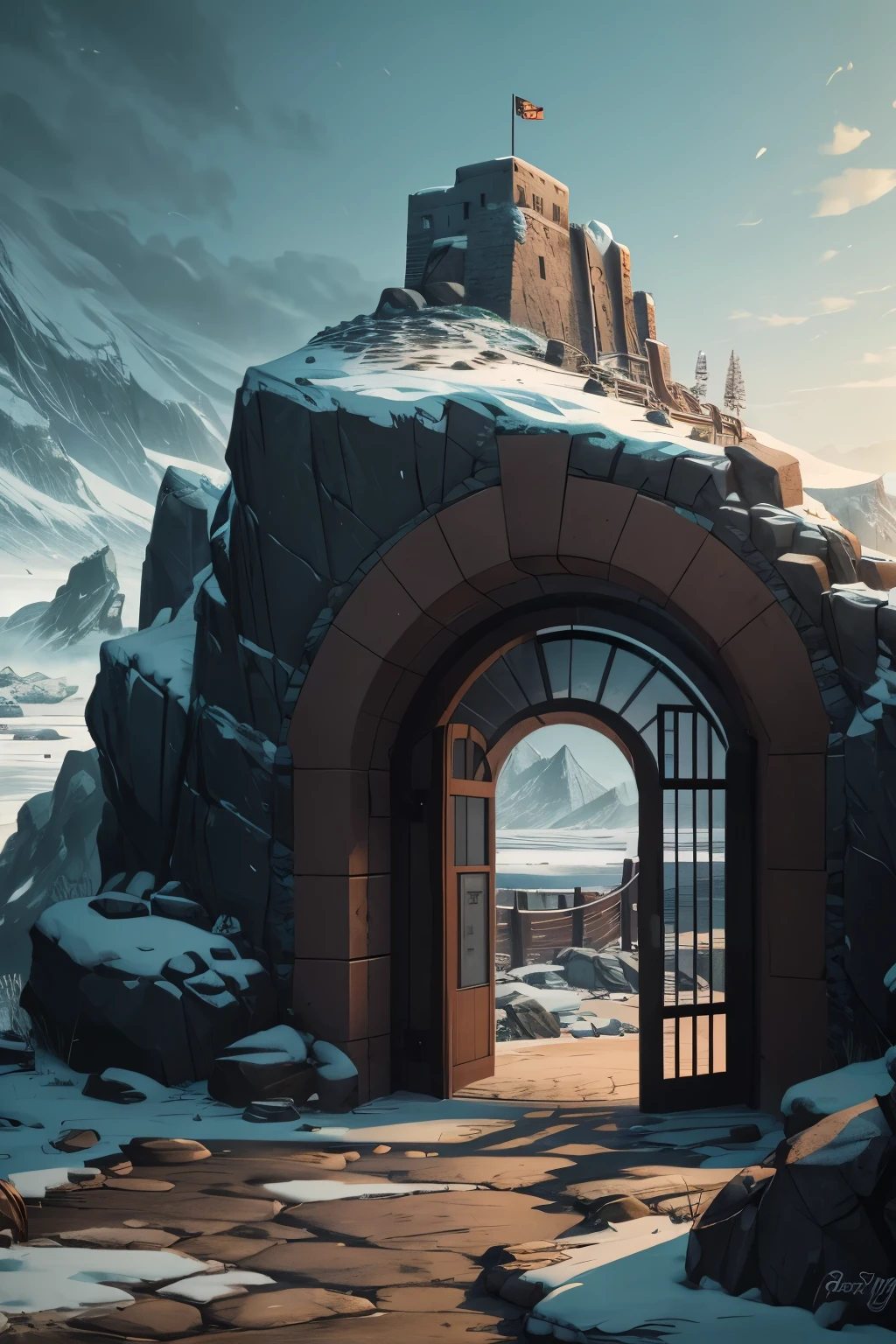 Entrance of prison, set in rocky tundra island 