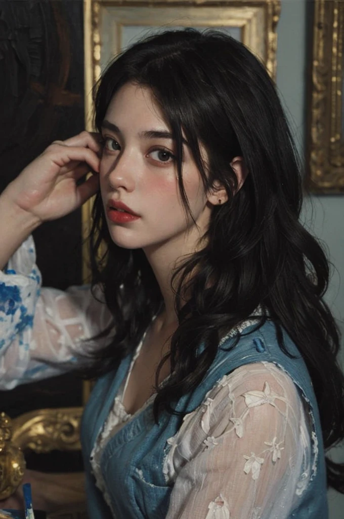 (masterpiece, top quality, best quality,8k,17 years old girl,ultra detailed,raw photo:1.5),(photorealistic:1.4),(cinematic lighting), PerfectNwsjMajic, , Surrealism, UHD, ccurate, Super detail, textured skin, High detail, Best quality, dynamic angle, (high nose,White skin),[Beautiful eyes],[flat chest:large breasts:0.5],(1girl),(good anatomy:0.5)),(Oil painting: 1.5),

\\

A woman with long black hair, (a detailed painting: 0.353), (Gothic art: 0.106), hairstyle