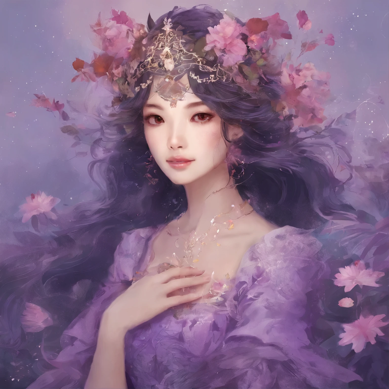 a close up of a woman in a dress with a flower on her head, a beautiful artwork illustration, beautiful illustration, by Li Song, by Ni Tian, by Chen Lin, beautiful!!! digital art, exquisite digital illustration, beautiful digital illustration, by Yu Zhiding, dreamy illustration, by Mei Qing, draped in purple, by Xie Sun, dressed in purple