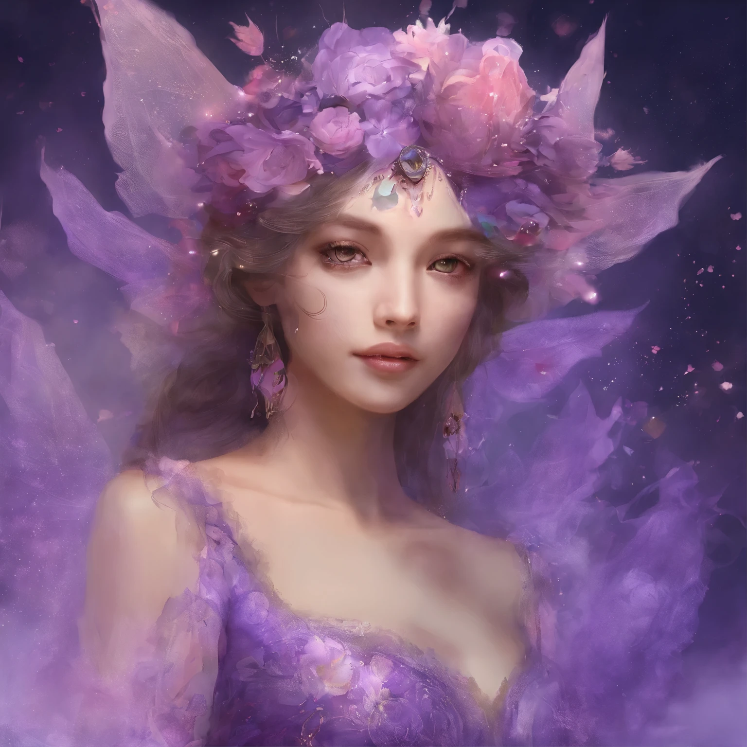 a close up of a woman in a dress with a flower on her head, a digital painting by Li Song, trending on cgsociety, fantasy art, a beautiful artwork illustration, beautiful illustration, beautiful!!! digital art, exquisite digital illustration, dreamy illustration, beautiful digital illustration, draped in purple, dressed in purple, gorgeous digital art, beautiful gorgeous digital art