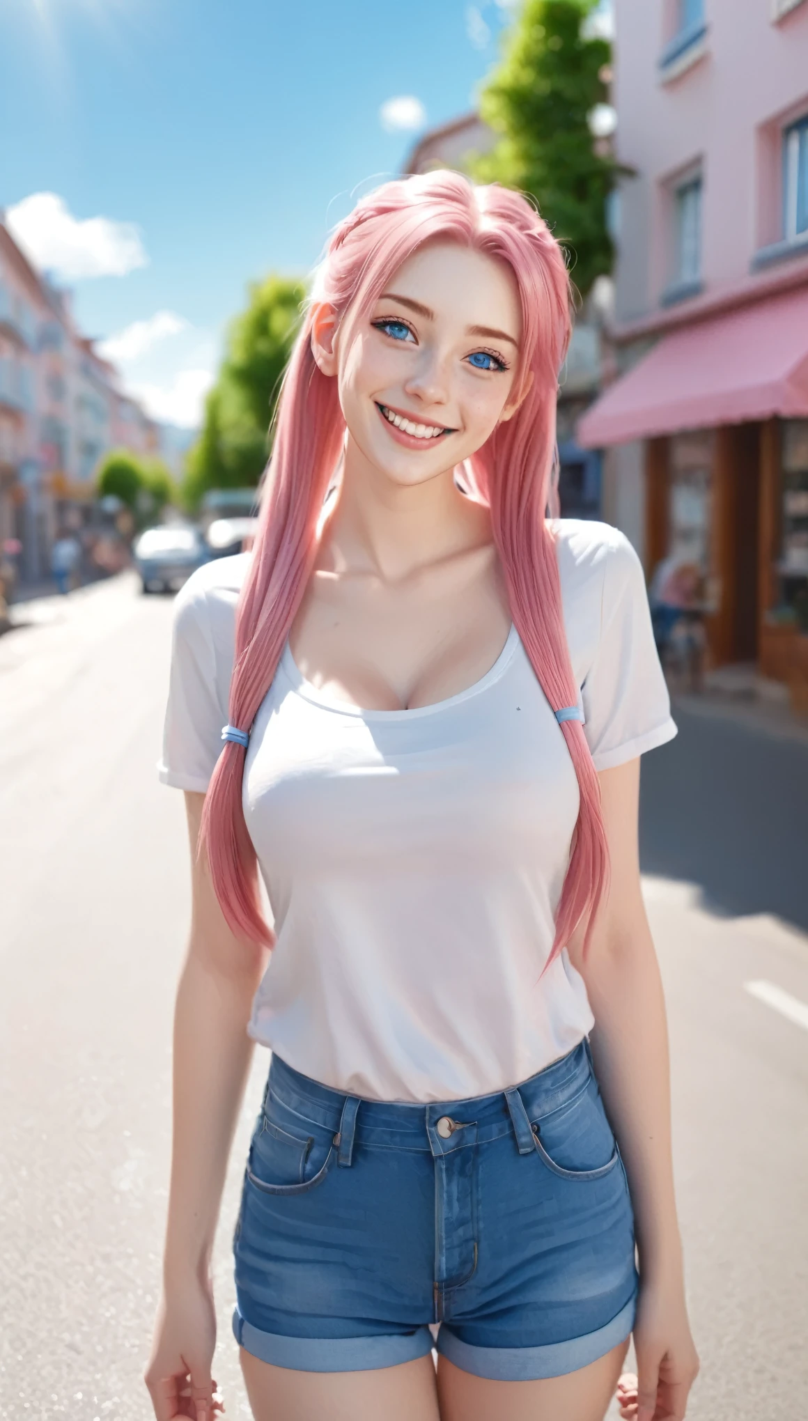 a beautiful smiling woman that is standing in the street, photo realistic, pink twintail hair and blue eyes, hot with shining sun, large breast, sandals, ((full body:1.5)), wide angle shot