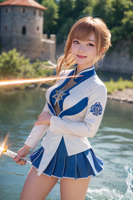 1girl,jean \(genshin impact\),genshin impact,

portrait,  dutch angle,full body
Orange uniform with light blue miniskirt,white nunchaku in the hand,

medieval castle, village,river, boat
lens flare,diffraction spikes, vapor,
blurry background,  depth of field,
medium  breasts,
smile,
perfect hand,, (masterpiece:1.2),(best quality:1.2), (absurdres:1.2), (detailed background),newest, ai-generated,