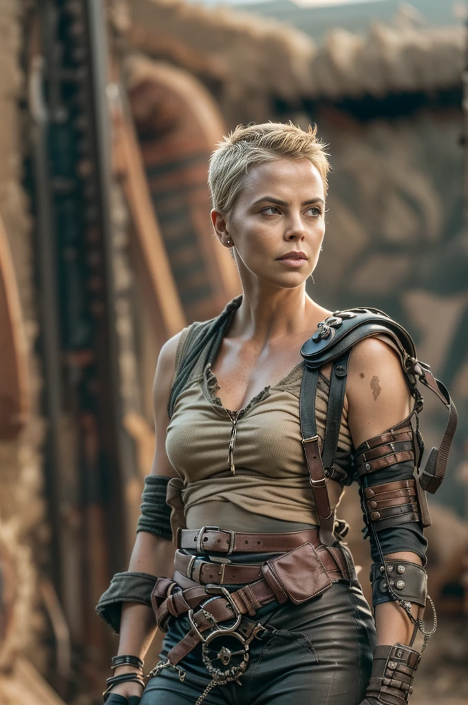 (Charlize Theron), Best_QualityPos, RAW photo, intricate details, best quality, 8k uhd, dslr, soft lighting, 1girl, solo, slender body, Furiosa, single pauldron, single mechanical arm, shirt, belt, pants, facepaint, very short hair, 20 years old female , 8K, mad max 2 fury road landscape in the background

