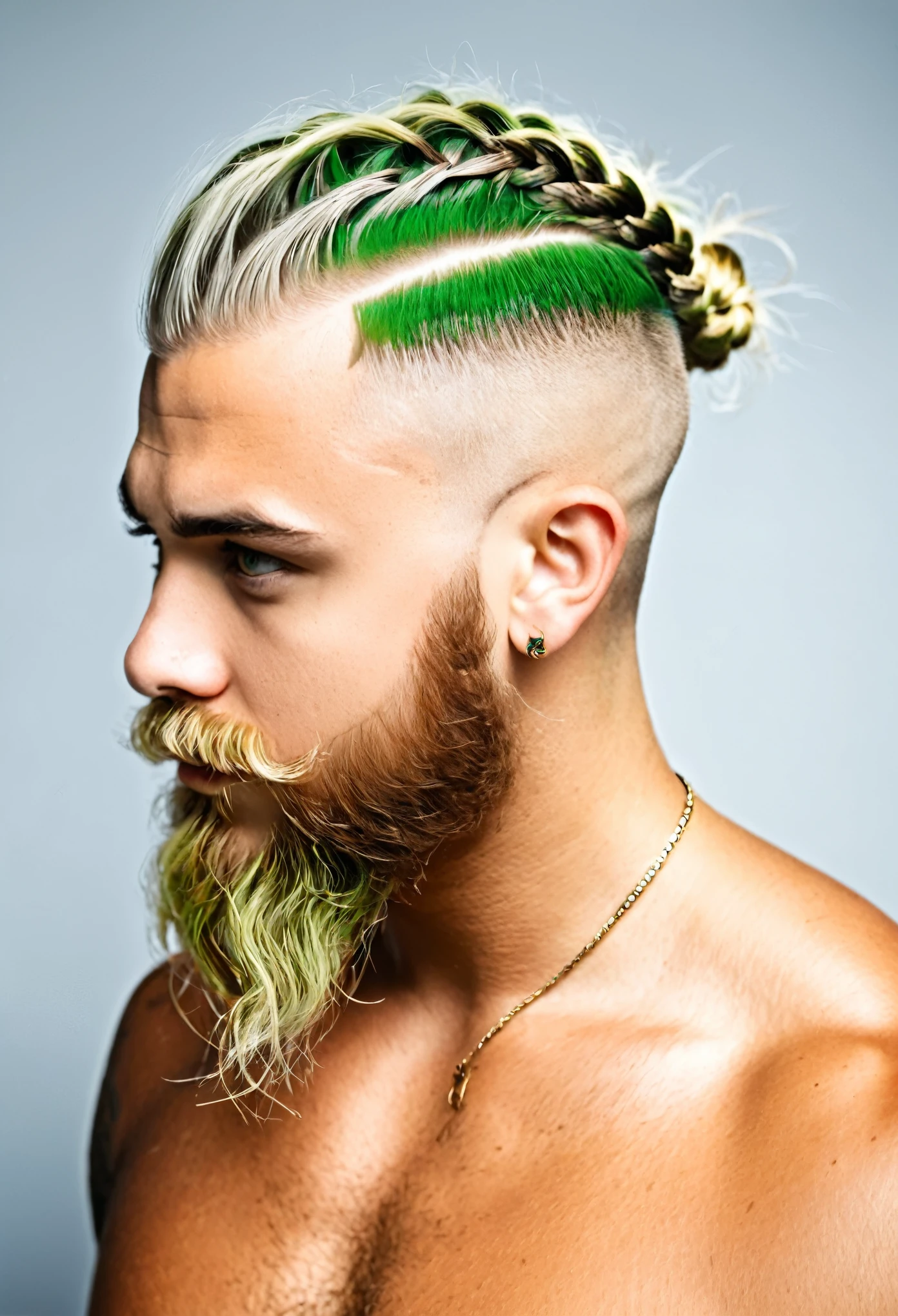 um viking, louro dos olhos verdes, barba loira puxada pro ruivo, grande, blonde hair shaved on the sides and braided hair in the middle of the head, casado de pele, e coroa de rei