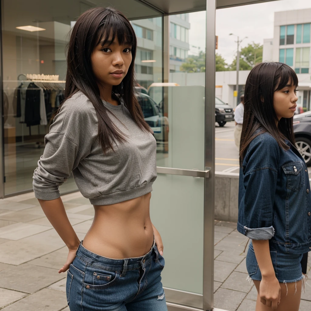 Blasian girl with bangs nad medium length hair, revealing clothes