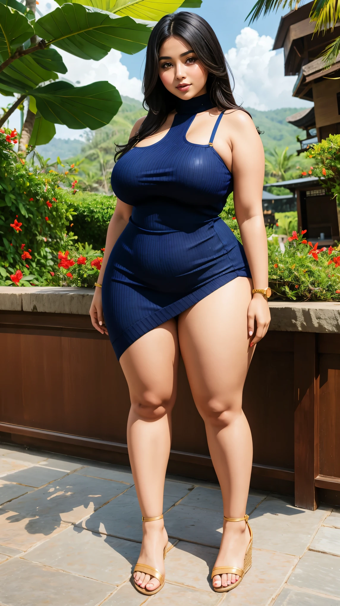 Arabic Woman holiday in bali , curvy body, very detail ,wide hips, loong legs ,thick high, full body in camera, wearing strap wedges, wearing mini sweater dress, long legs,