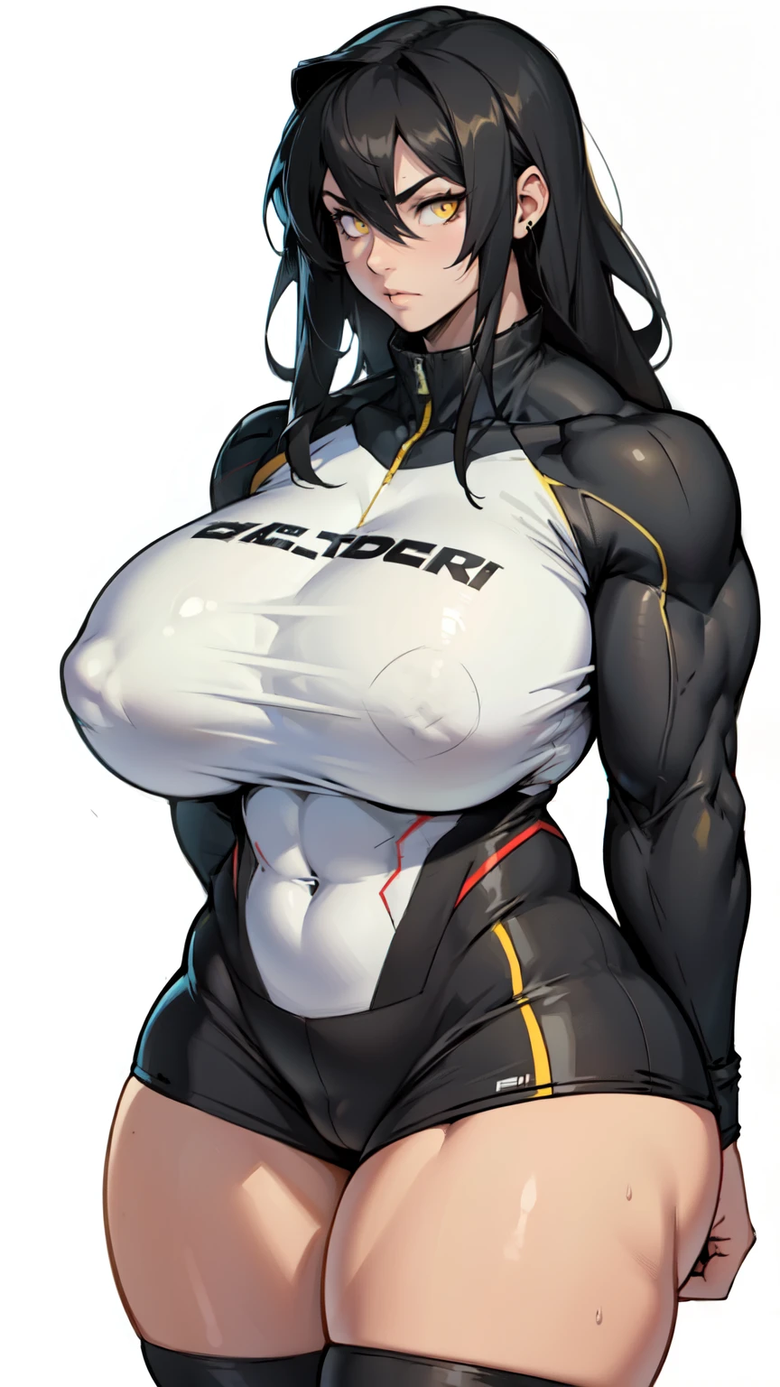 ((((muscular girl large breasts huge thighs)))) pale skin black hair yellow eyes skintight