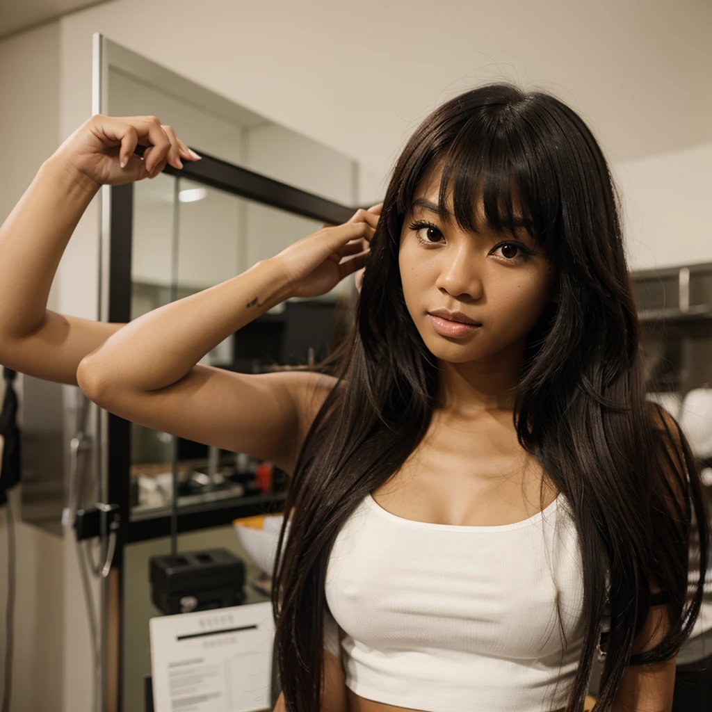 Blasian girl with long hair and bangs, bust hair