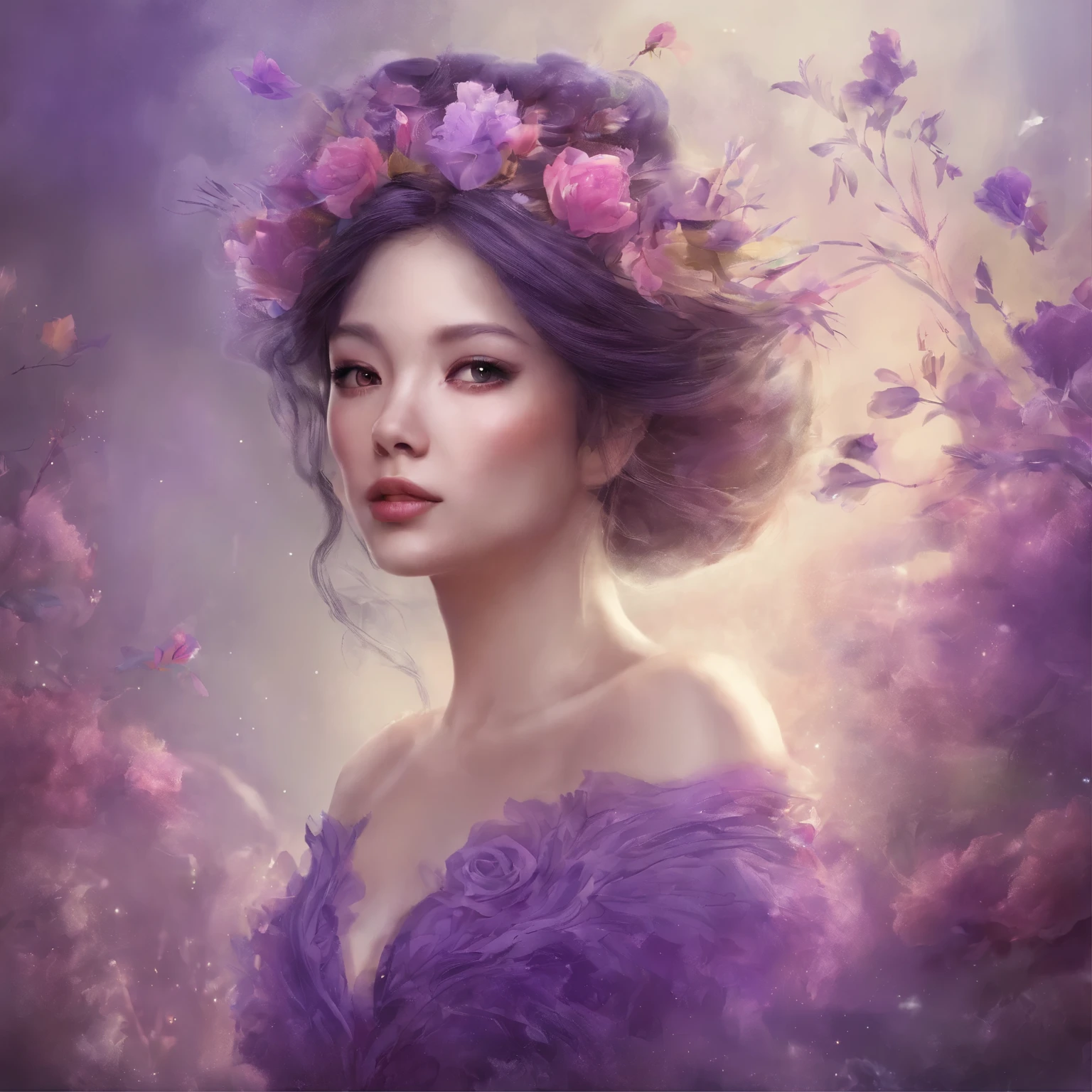 a close up of a woman in a dress with a flower on her head, a digital painting by Li Song, trending on cgsociety, fantasy art, a beautiful artwork illustration, beautiful illustration, beautiful!!! digital art, exquisite digital illustration, dreamy illustration, beautiful digital illustration, draped in purple, dressed in purple, gorgeous digital art, beautiful gorgeous digital art
