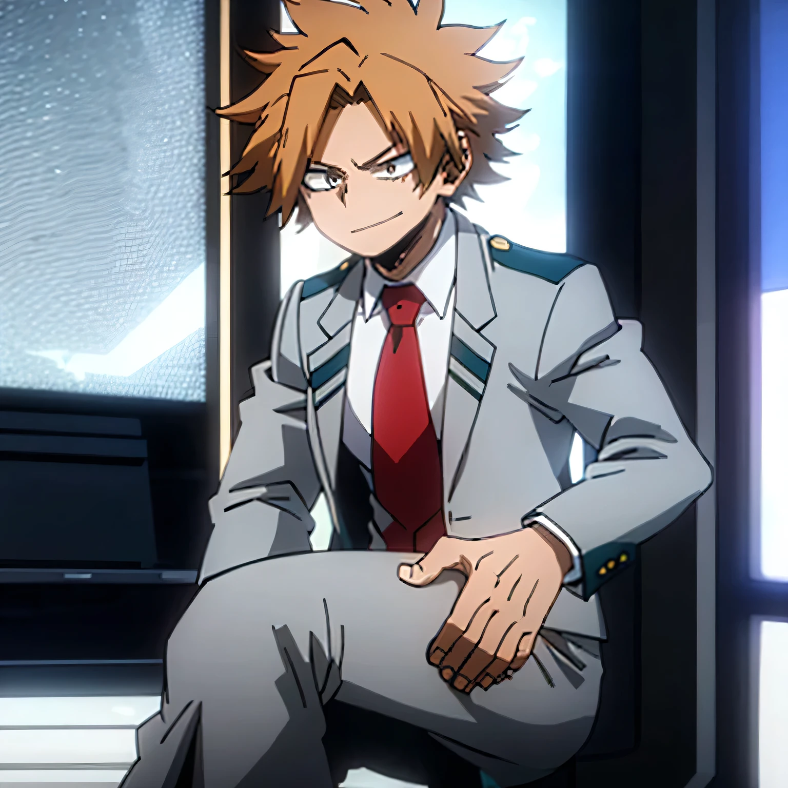 1boy, muscular body, short hair, brown hair, crimson eyes, smirk, gray jacket, red tie, white shirt, teal pants, boots, blaze