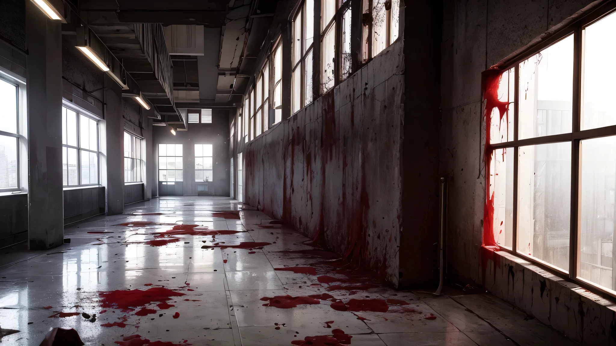 School with blood all over walls and floors, creepy, good lightening, dark atmosphere, blood, red blood, edgy, anime style, scarry, tilted camera, 4k, atmospheric lightening, flicking lights, glitch effect