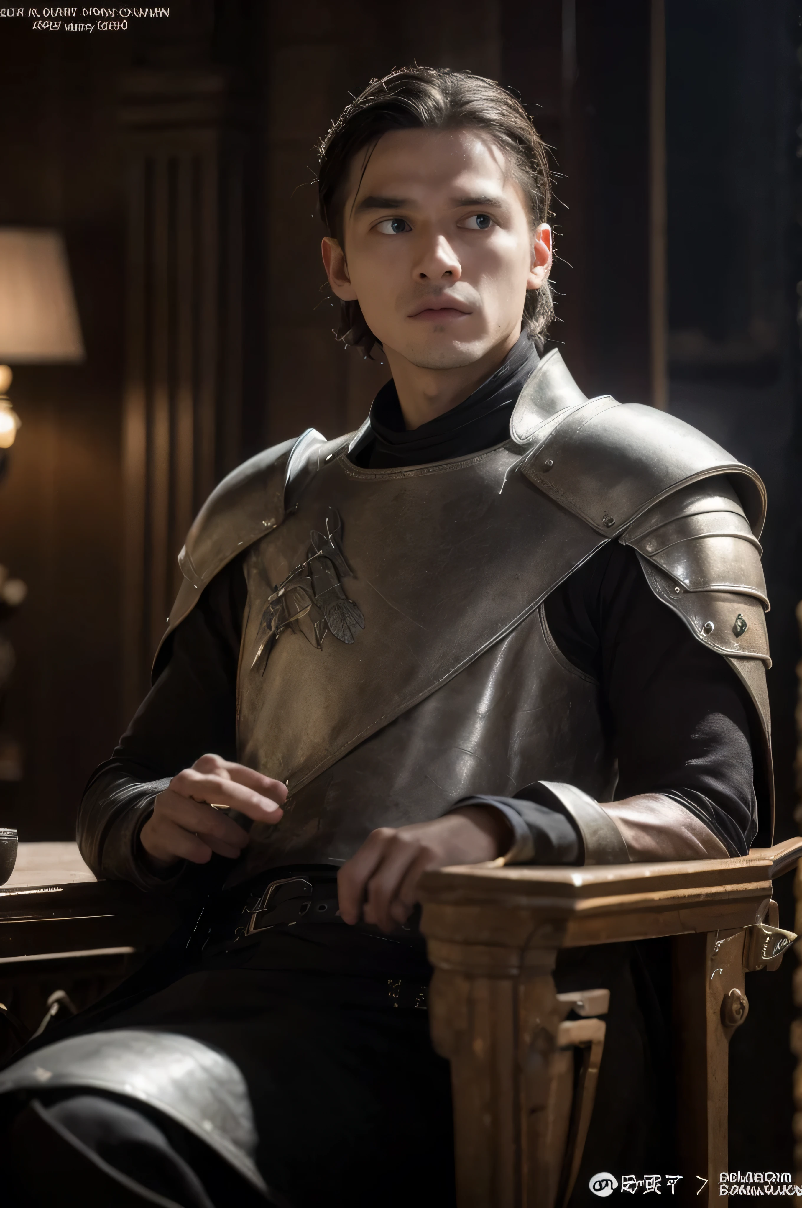 ((best quality)), ((masterpiece)), (detailed), perfect face, game of thrones, targaryen, denmond targarye, aemond targaryen, viserys targaryen, valyrian, valyria, white hair, purple eyes, young man, man, masculine, boy, king, handsome, circlet crown of iron, black clothing, black crown whith rubys, muscels, on a trone, medium size nose. Realy purple eyes, armor, crown