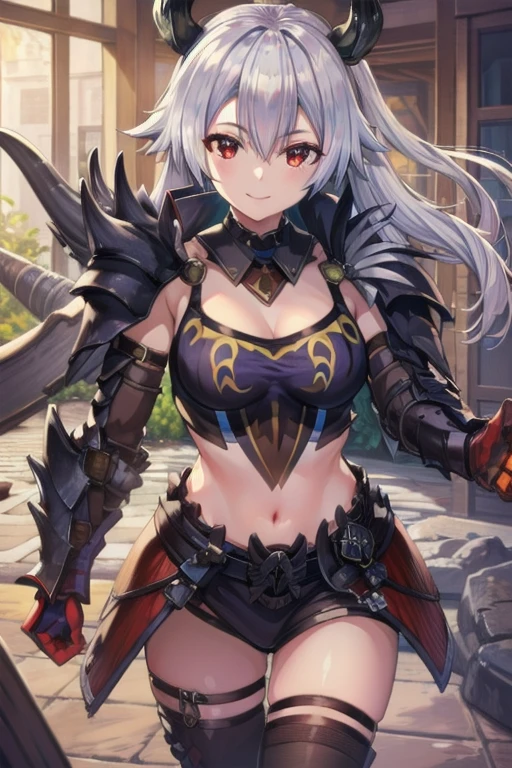 Masterpiece, best quality, tomoe gozen, torino style, 1person, red eyes, cute smile, hair between eyes, silver hair, looking at viewer, nergiganter armor