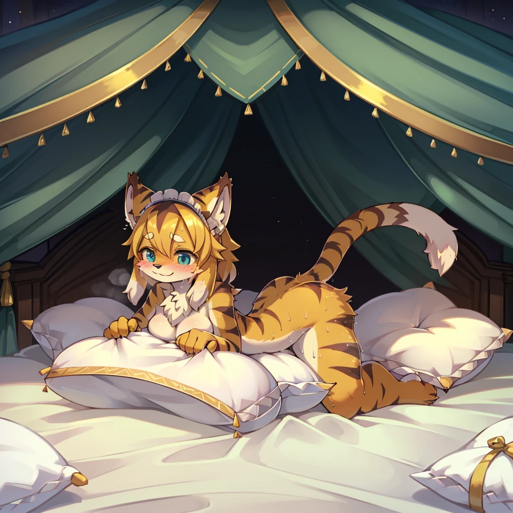 （masterpiece，best quality），my own, The Beast, , (Light and shadow suitable for any pillow background））, 穿着Maid costume的可爱女孩在枕头上摆姿势, Maid costume，White，Nature,, (blush),a smile，Pillow Head,（Lots of pillows），Soft cushion，（canopy bed），Soft pillow quotation，（Pillow damage），Lots of pillows，（Crotch rubbing），（（Pillow Hump）），（Pillow Head），（A tail），，（Pink pillow），（Love around the protagonist），Steam，（Pillow Head），（），（Luxury pillows），（Palace pillow pattern pillow），（palace），（Palace bedroom），（Gorgeous pattern pillow），Soft pillows，，（Classical European style bedroom ），（excited，shy person，Lack of expressiveness，），，pillow humping,mia,tiger tail,tiger ears,Tiger pattern，Sweat，liquid，Sweaty，