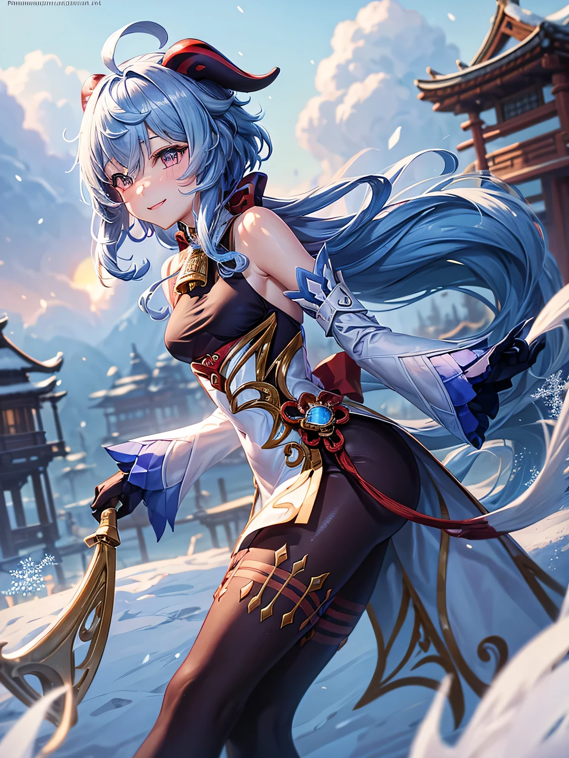 [ganyudef]:1.5,((masterpiece,highest quality,Detailed images,Beautiful images))1.4(Image of ganyu holding a bow、panty hose:1.2、smile、Western-style snow town、morning、Snowflakes drifting all around、The wind is blowing、Bright lighting overall、Backlight、A fantastic atmosphere、Thick Fog)1.1(Beautiful body lines、small beauty breasts、Beautiful side breasts)
