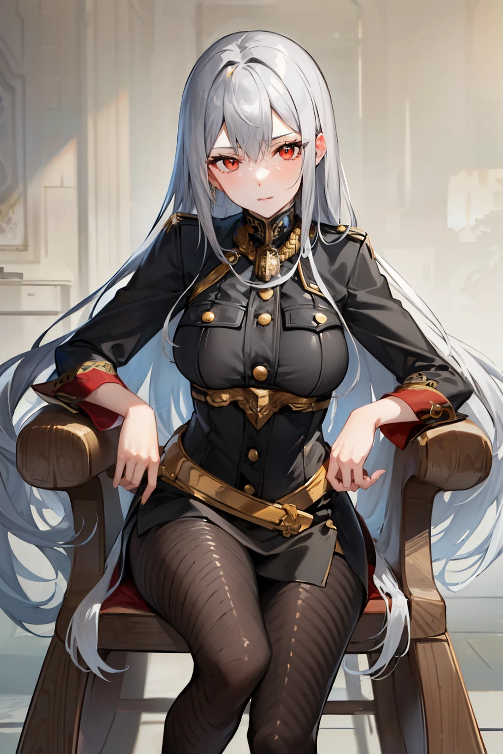masterpiece, best quality, selvaria, light grey sweater, looking at viewer, leaning forward