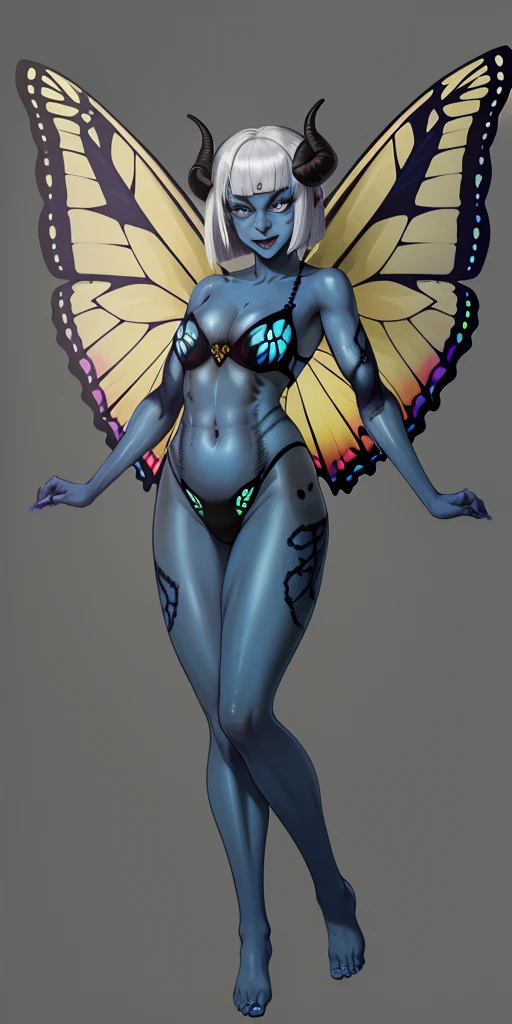 1sologirl (((oni very blue skin, 2sheep short curled horns, 2legs, 2arms, toned body, white bob hair, happy, full body portrait, butterfly wings winged))) (masterpiece, ultra detailed high quality, high resolution, best quality) barefoot bare arms, purple pinched eyes, yellow BIKINI stockings sleeves