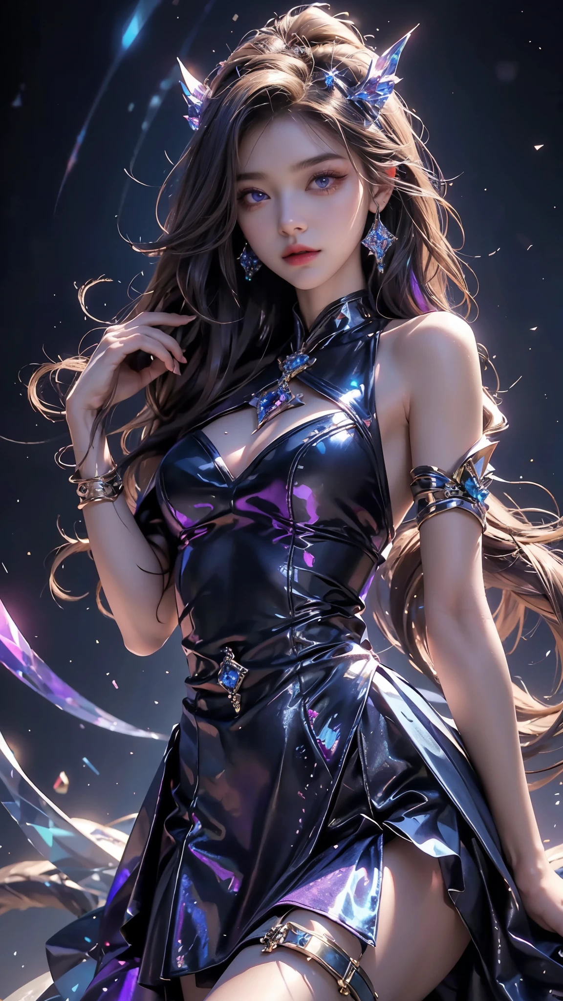 4K, UHD, masterpiece, Best quality, 1 girl, detailed face, detailed eyes, realistic Eyelid, Kda, Alone, very Long hair, small breasts, blue dress, ankle-length skirt, looking at viewert, Multicolored glowing crystals,