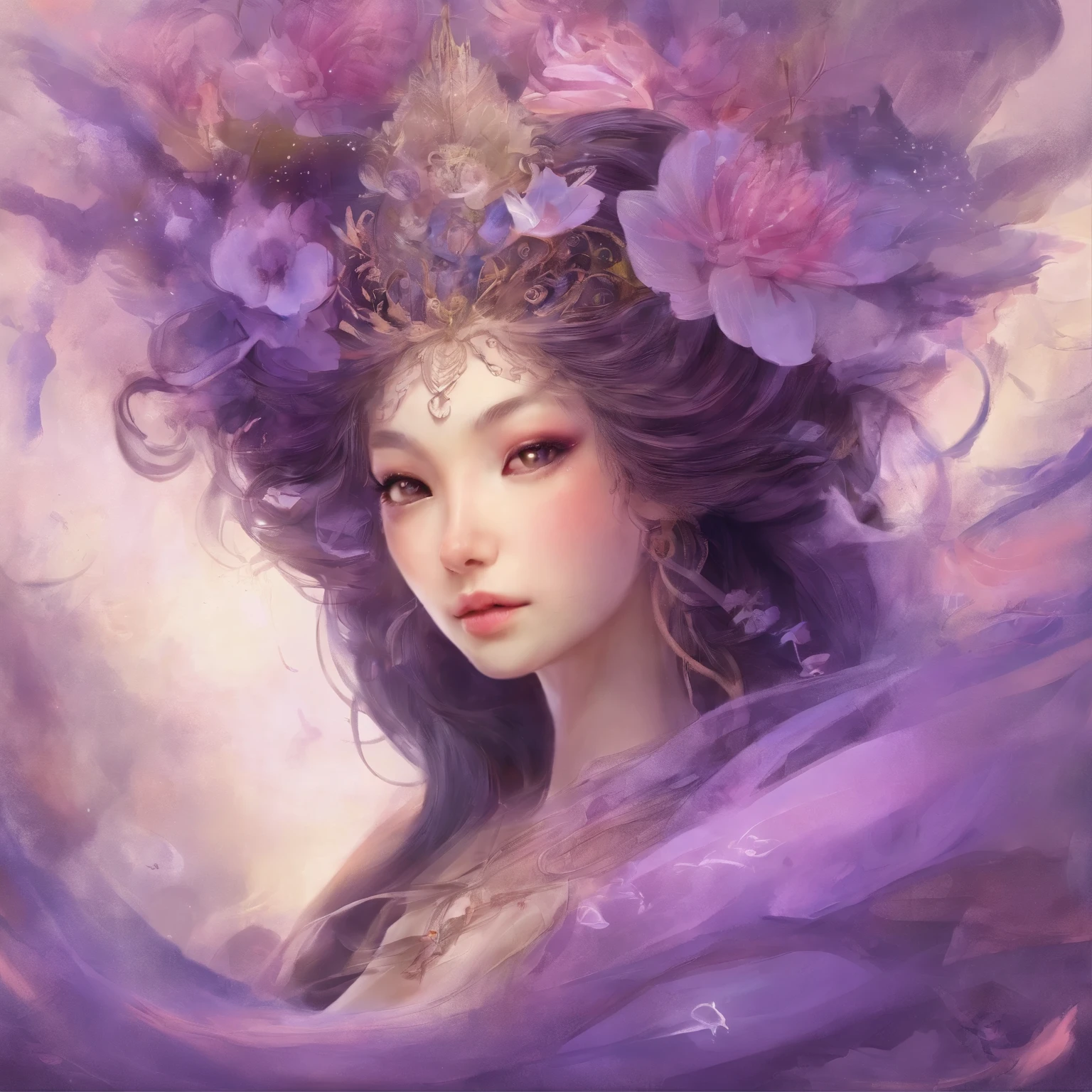 a close up of a woman in a dress with a flower on her head, a beautiful artwork illustration, beautiful illustration, by Li Song, by Ni Tian, by Chen Lin, beautiful!!! digital art, exquisite digital illustration, beautiful digital illustration, by Yu Zhiding, dreamy illustration, by Mei Qing, draped in purple, by Xie Sun, dressed in purple