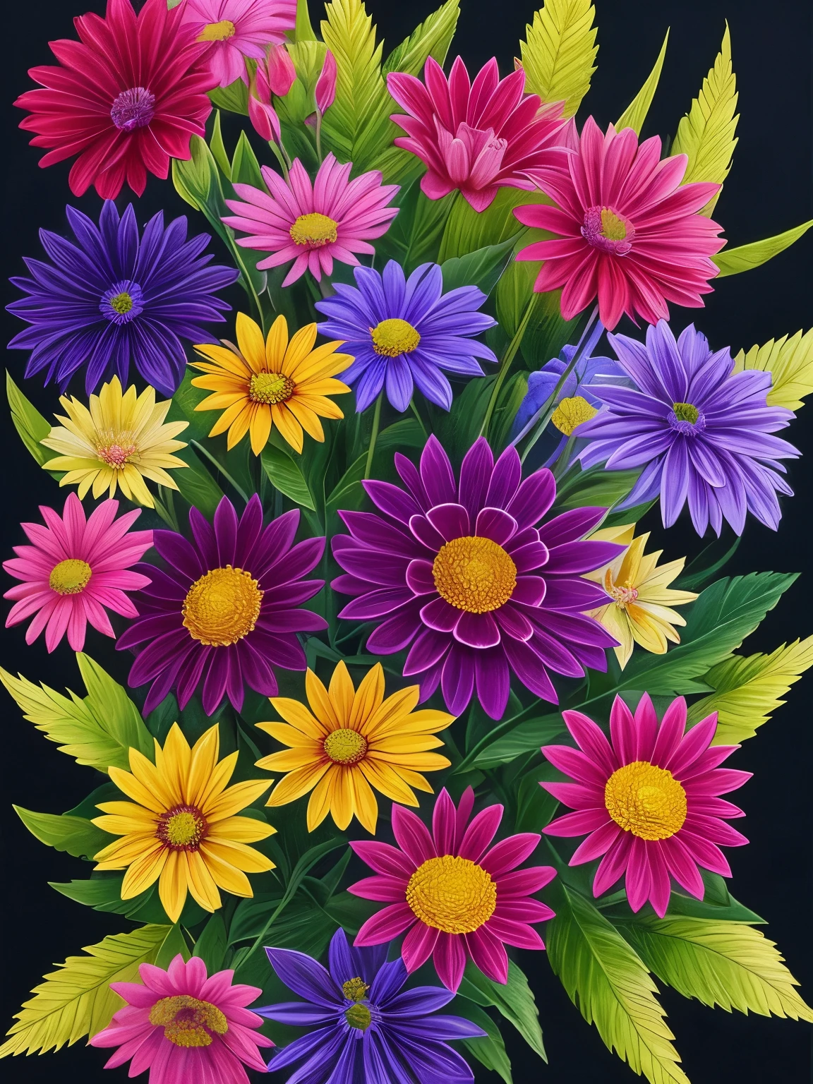 a close up of a bunch of flowers with a dark background, 🌺 cgsociety, beautiful!!! digital art, gorgeous digital art, beautiful detail and color, beautiful color art!, great pinterest photo, rich flower colors, very beautiful digital art, by Marie Bashkirtseff, beautiful digital art, magical colorful flowers, wow it is beautiful, by Android Jones