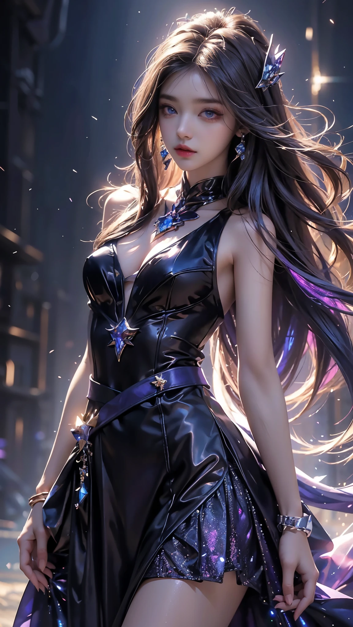 Detailed and vivid depiction of a beautiful and charming girl with a perfect anatomical structure posing as a model for a photo (dynamic)棕色long hair女子 服装模特( perfect anatomy ) face detailed face. realistic eyes. The face and eyes are very detailed.
Delicate skin.、Delicate skin texture smile, long hair, Fantasy fashion dress glow,, Elegant and flying silk holographic dress , 46-point slanted bangs, dark shadow background, black soft light,
Professional photography master'artwork, texture, complicated, Clear, High-quality masterpieces,Extremely complicated and exquisitely detailed,
Super detailed, Super detailed digital art