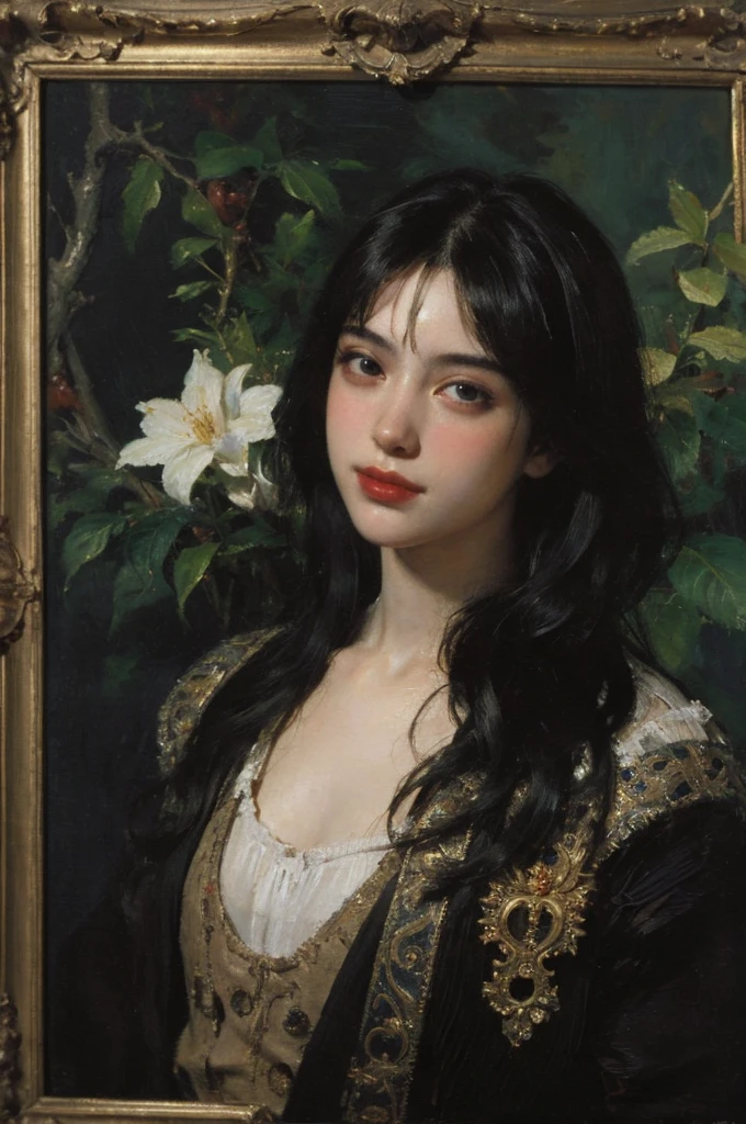 (Oil painting: 1.5),
\\
A woman with long black hair, (a detailed painting: 0.353), (Gothic art: 0.106)