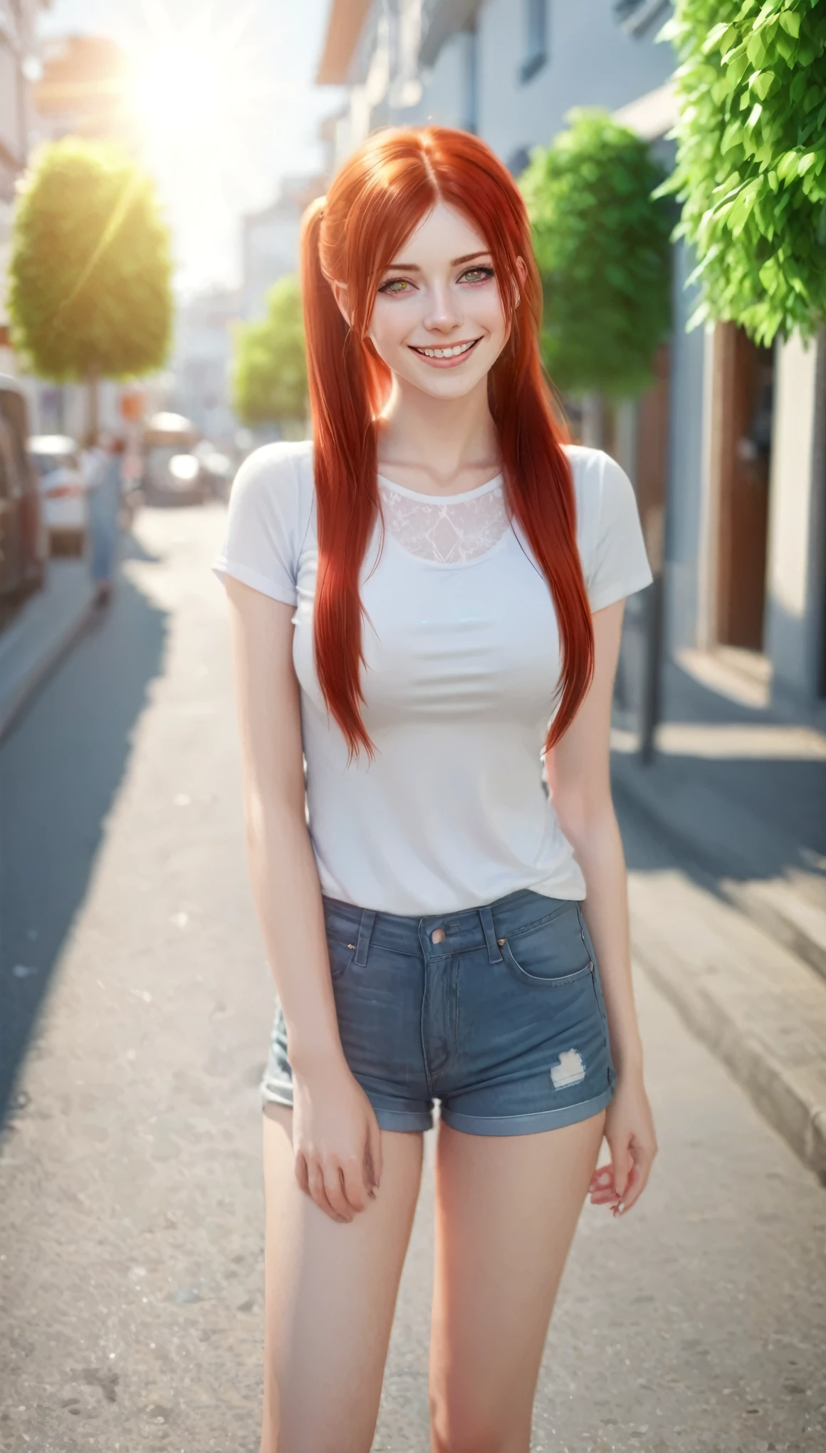 a beautiful smiling woman that is standing in the street, photo realistic, red twintail hair and green eyes, hot with shining sun, large breast, sandals, ((full body:1.5)), wide angle shot