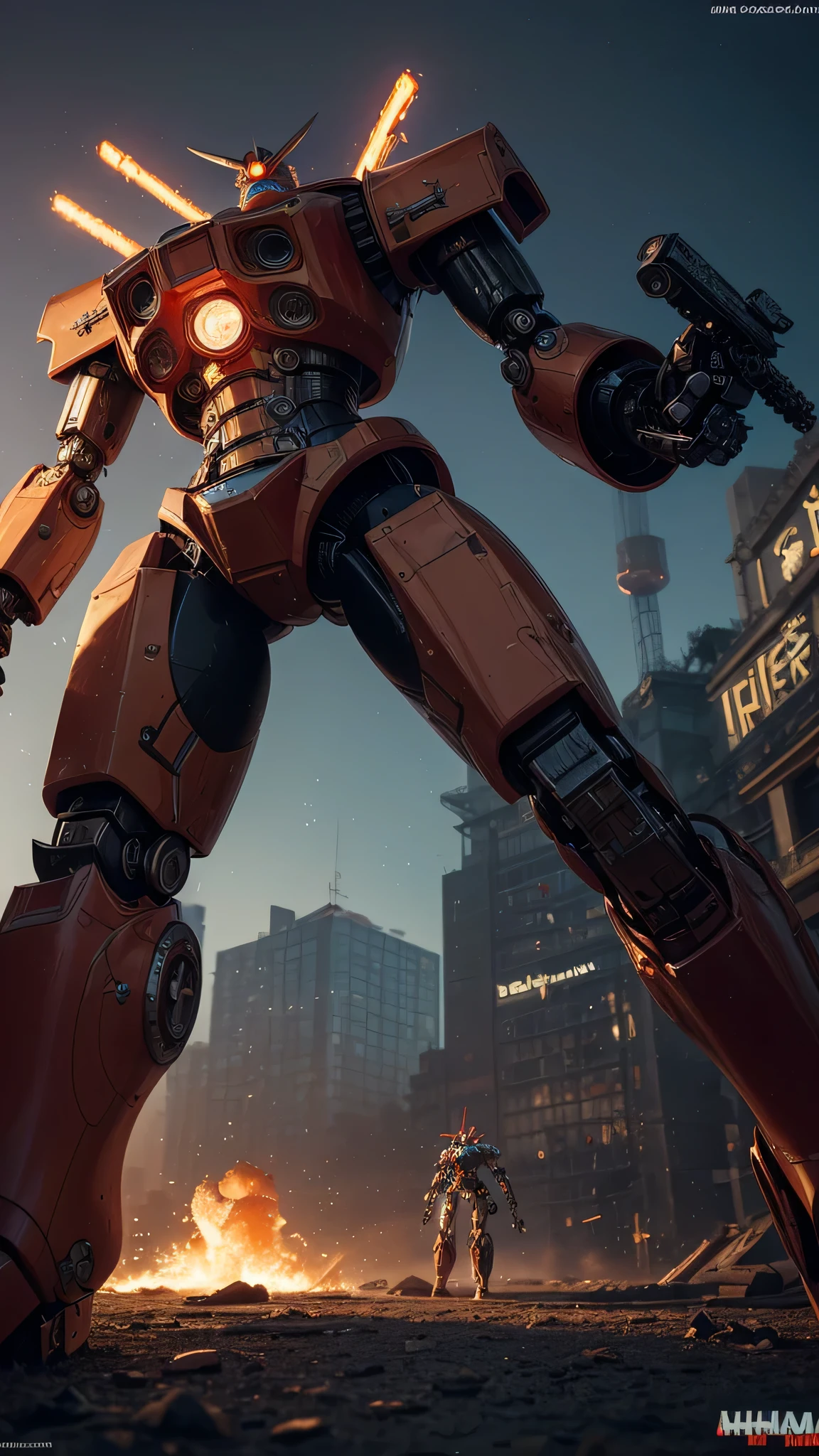 ((best quality: 1.5, masterpiece)), intricate details, soft focus, professional, real life, realistic representation of the face, dim volumetric lighting, dynamic pose, in the style of realistic and hyper detailed renderings BREAK (((2 characters, one cyberpunk steampunk girl, clockwork armor, seafoam perfectchainmail chrome armor:1.4, (background red white mecha, mechanical robot, weapons, Warhammer Dreadnaught, from below)))), film grain, bokeh, black background, dark empty room, photorealistic, hyper-realistic, 8K