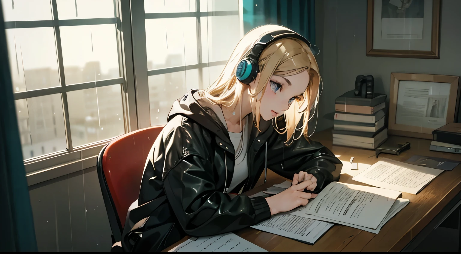 Inside the room, girl with headphones on, studying at desk, rain outside window, rain-slick window, faintly bright lighting