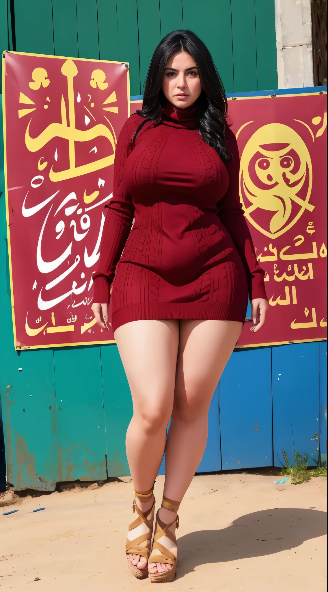 Arabic woman visits poor village ,angry face, curvy body, very detail, loong legs ,thick high, full body in camera, wearing strap wedges, wearing mini sweater dress, long legs